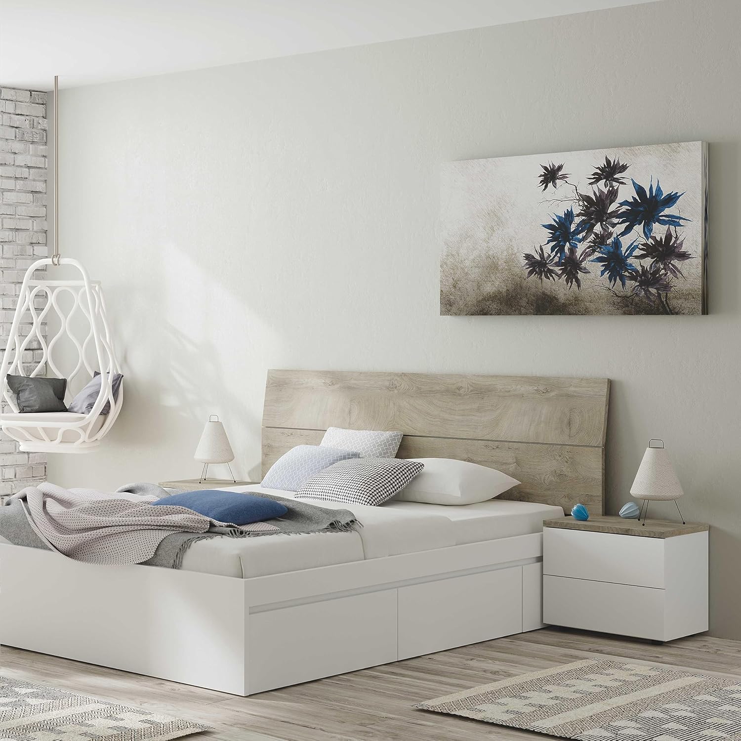 Set Testiera Letto Matrimoniale con 2 Comodini - Bianco Artik e Rovere Alaska - Image 7