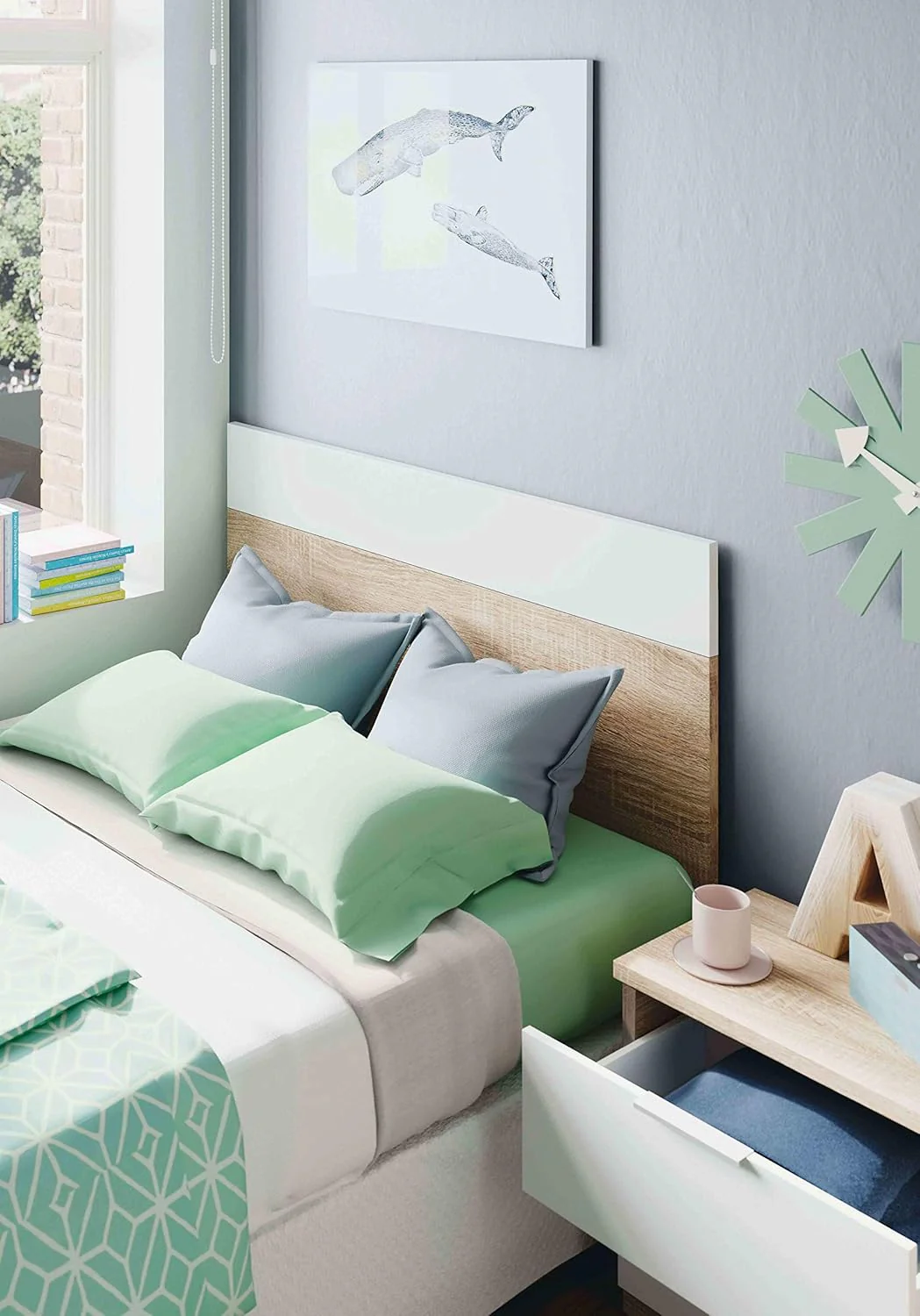 Testiera per letto singolo e comodino Rovere Canadian - Bianco Artik - Image 6
