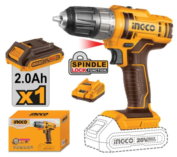 Trapano a batteria 20V, 45 Nm, con batteria 2.0Ah e caricatore